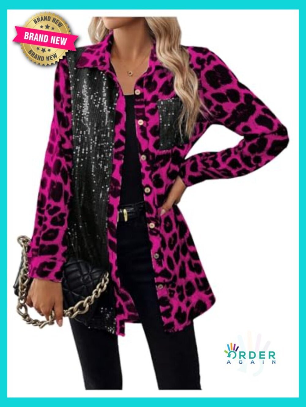 Leopard Print Sequin Button Down Long Sleeve Blouse Y2K Tunic Top - Picture 4 of 5